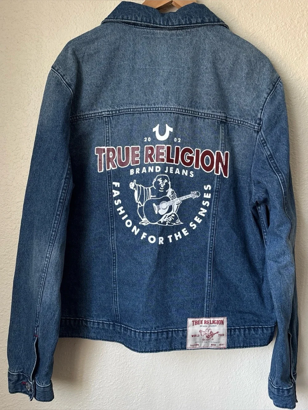 True Religion Blue Denim Jacket with Red Stitching Accents